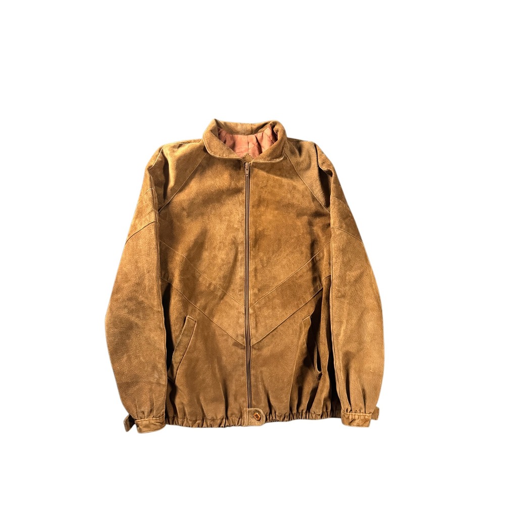 Vintage Tan Brown Suede Bomber Jacket Womens Full Zip Chevron Stitching Lined